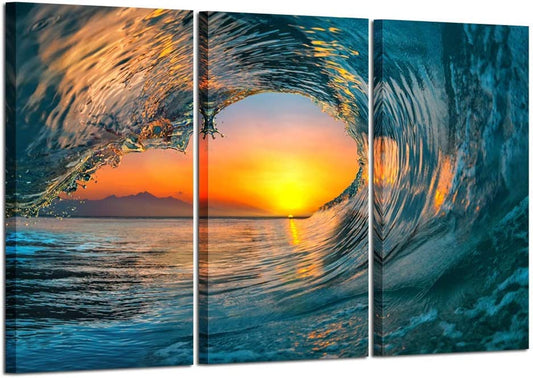 Large 3 Pieces Canvas Prints Wall Art Sunset Sea Water Ocean Wave Pictures Paintings Modern Stretched and Framed Seascape Giclee Artwork Ready to Hang for Living Room Home Decorations