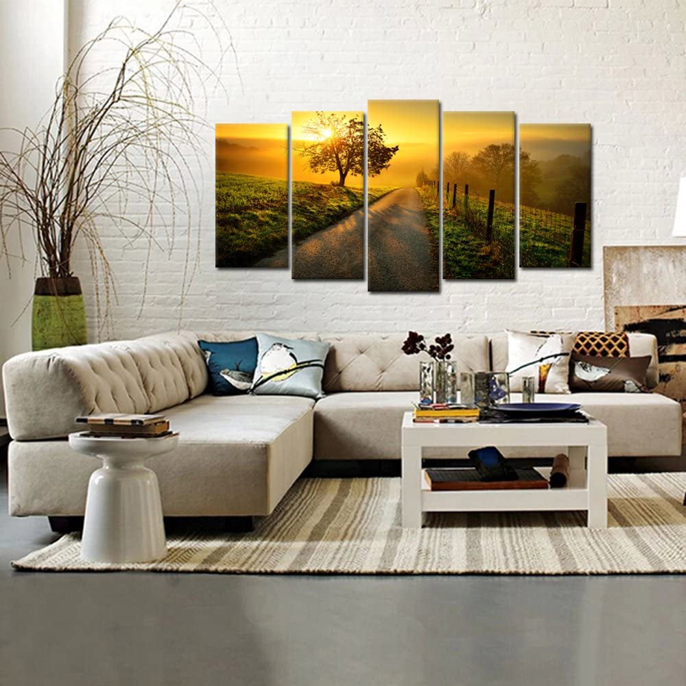 - Large 5 Piece Canvas Wall Art Idyllic Rural Landscape in Golden Light Dawn Farm Tree Picture Prints Modern Home Decor Stretched and Framed Ready to Hang (Large Size 60X32Inch)
