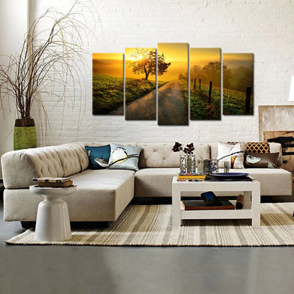 - Large 5 Piece Canvas Wall Art Idyllic Rural Landscape in Golden Light Dawn Farm Tree Picture Prints Modern Home Decor Stretched and Framed Ready to Hang (Large Size 60X32Inch)