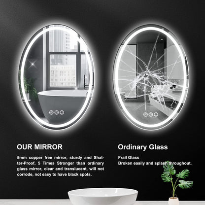20 X 28 Inch Oval LED Bathroom Mirror with anti Fog, Shatter-Proof, Memory 3 Light Settings Lighted, Dimmable Large Oval Lighted Mirrors for Bathroom, Vanity, Living Room Wall Hanging