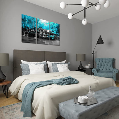 Large 3 Panel Landscape Black White Teal Blue Forest Waterfall Canvas Wall Art Tree Nature Picture Prints Gallery Wrapped Ready to Hang for Living Room Office Each Panel 16X32 Inches (Blue)