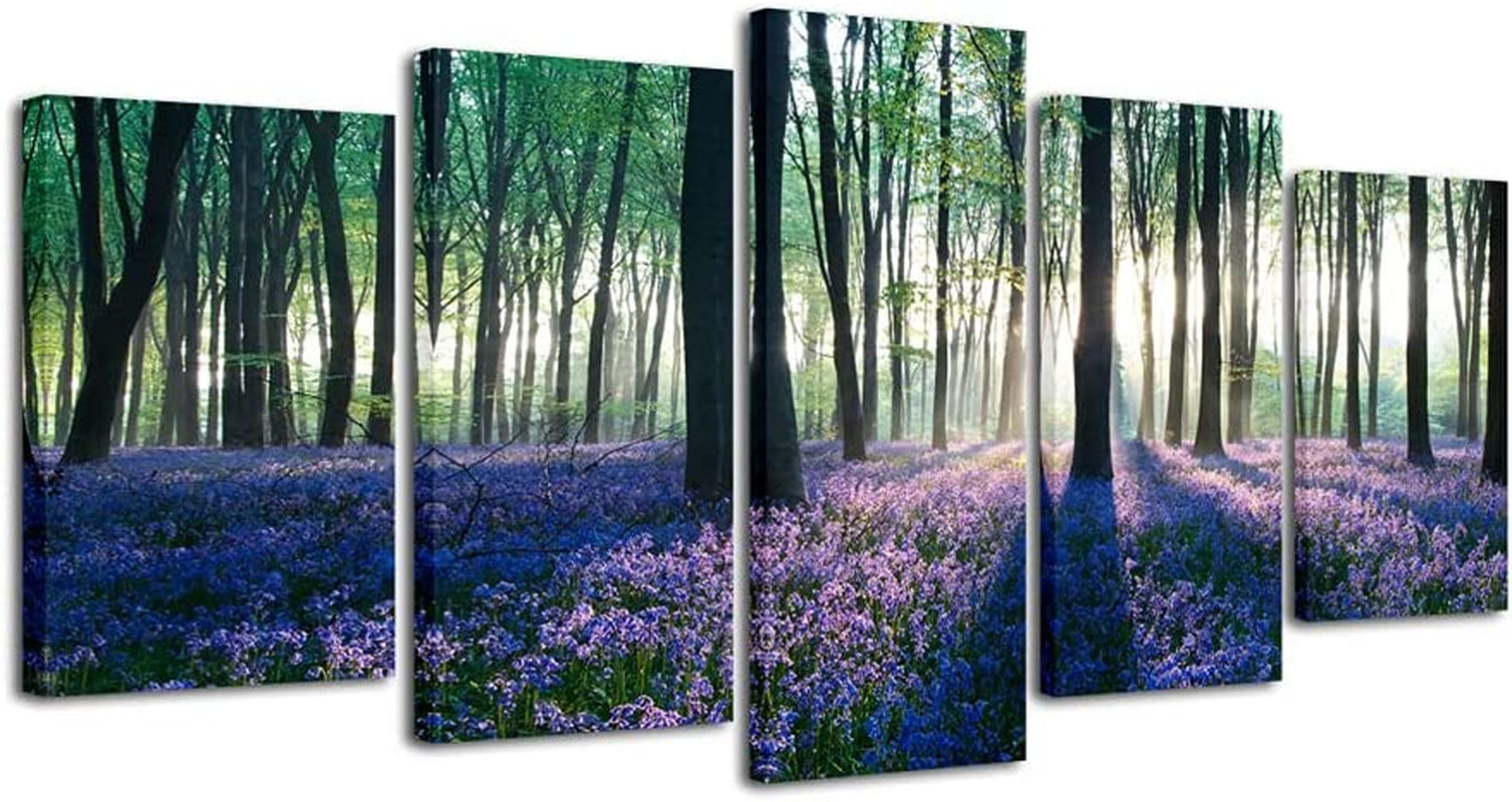 Early Morning Lavender Canvas Prints Wall Art Purple Floral Pictures Paintings for Bedroom Kitchen Bathroom Home Decor Modern 5 Panels Stretched and Framed Flowers Landscape Giclee Artwork