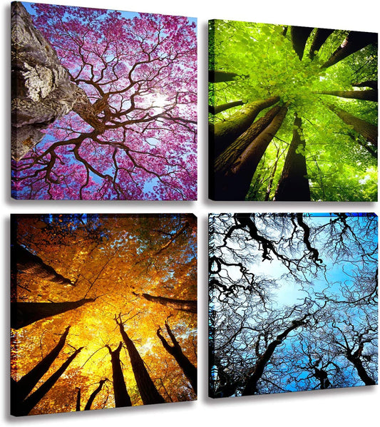 Art 4 Panels Canvas Print Wall Art Spring Summer Autumn Winter Four Seasons Landscape Color Tree Painting Pictures Prints Nature Forest Artwork Stretched and Framed for Bedroom Living Room Home Decorations
