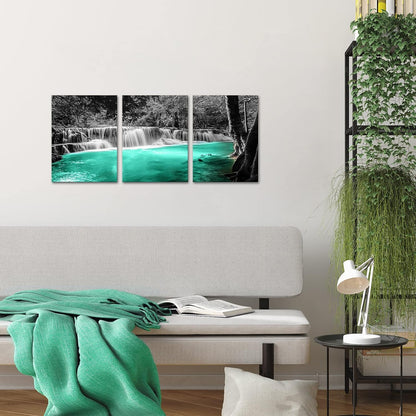 3 Pieces Black and White Teal Canvas Wall Art Dreamlike Forest Waterfall Picture Painting on Canvas Modern Nature Landscape Artwork for Bedroom Bathroom Decor Framed Ready to Hang
