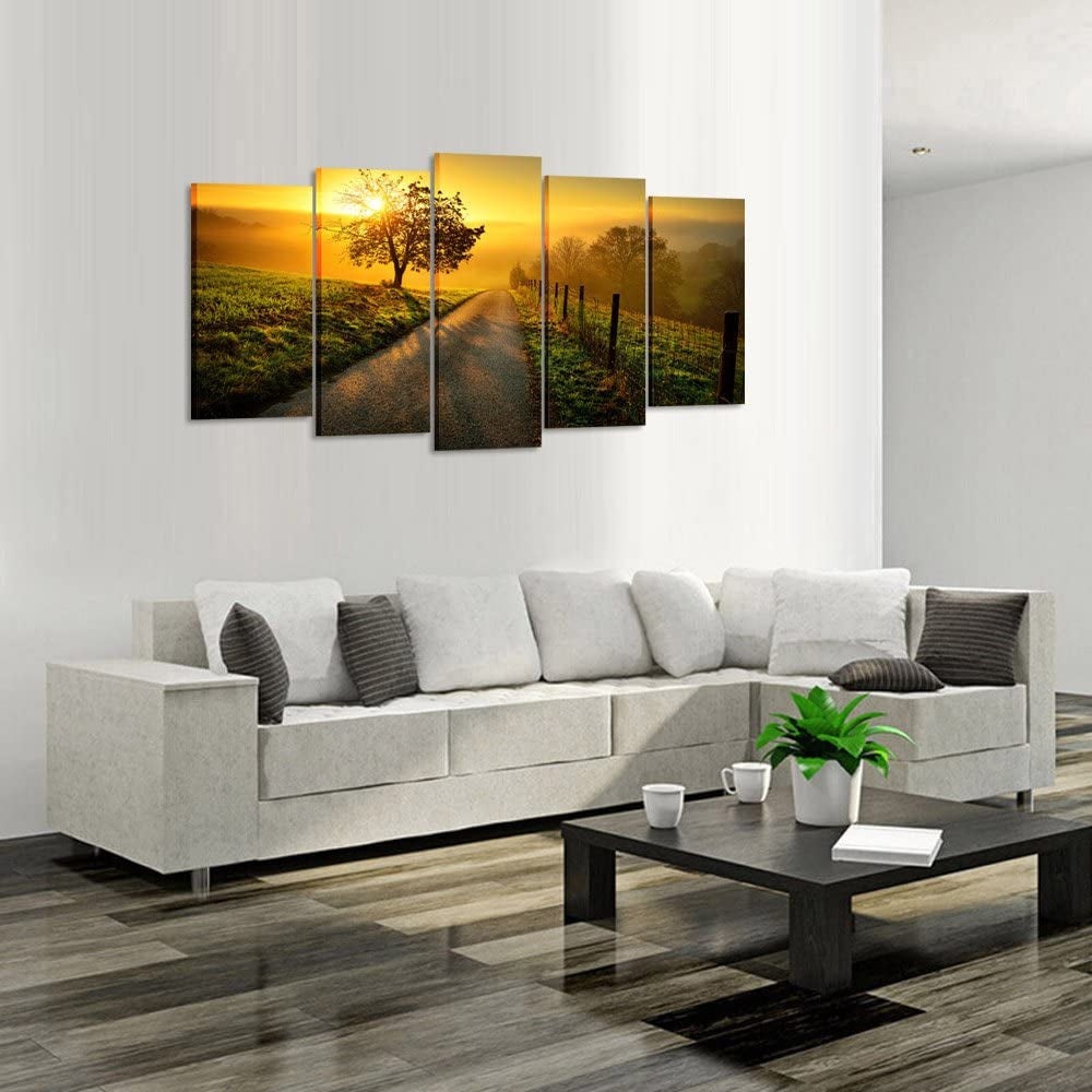 - Large 5 Piece Canvas Wall Art Idyllic Rural Landscape in Golden Light Dawn Farm Tree Picture Prints Modern Home Decor Stretched and Framed Ready to Hang (Large Size 60X32Inch)