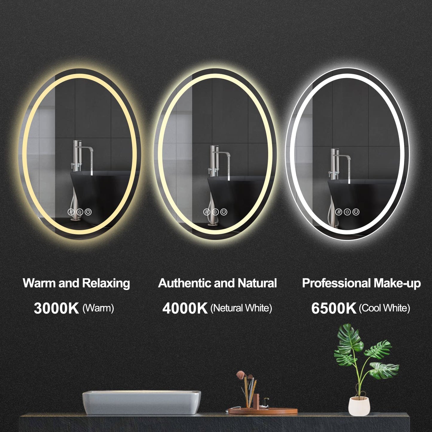 20 X 28 Inch Oval LED Bathroom Mirror with anti Fog, Shatter-Proof, Memory 3 Light Settings Lighted, Dimmable Large Oval Lighted Mirrors for Bathroom, Vanity, Living Room Wall Hanging