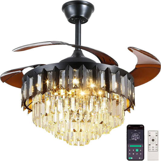 Crystal Retractable Chandelier Ceiling Fan, Retractable Ceiling Fans with Lights Remote, Dimmable with Memory Function,Crystal Fandelier Ceiling Fans for Living Room, Bedroom, Dining Room (42")