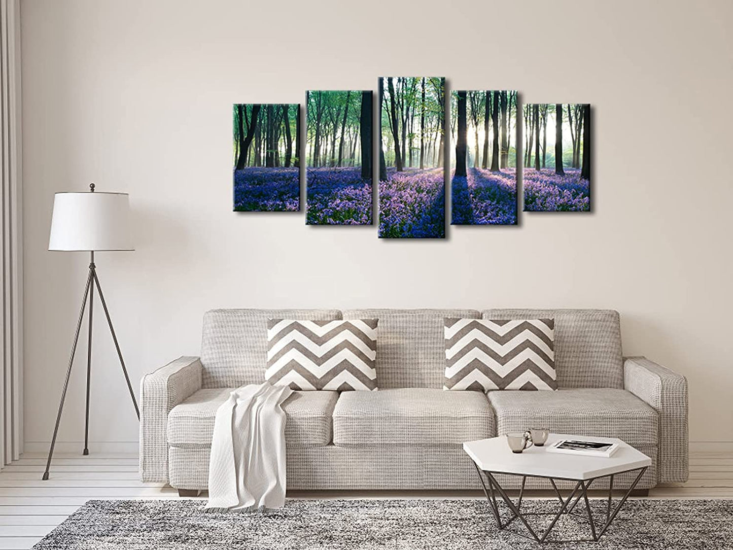 Early Morning Lavender Canvas Prints Wall Art Purple Floral Pictures Paintings for Bedroom Kitchen Bathroom Home Decor Modern 5 Panels Stretched and Framed Flowers Landscape Giclee Artwork