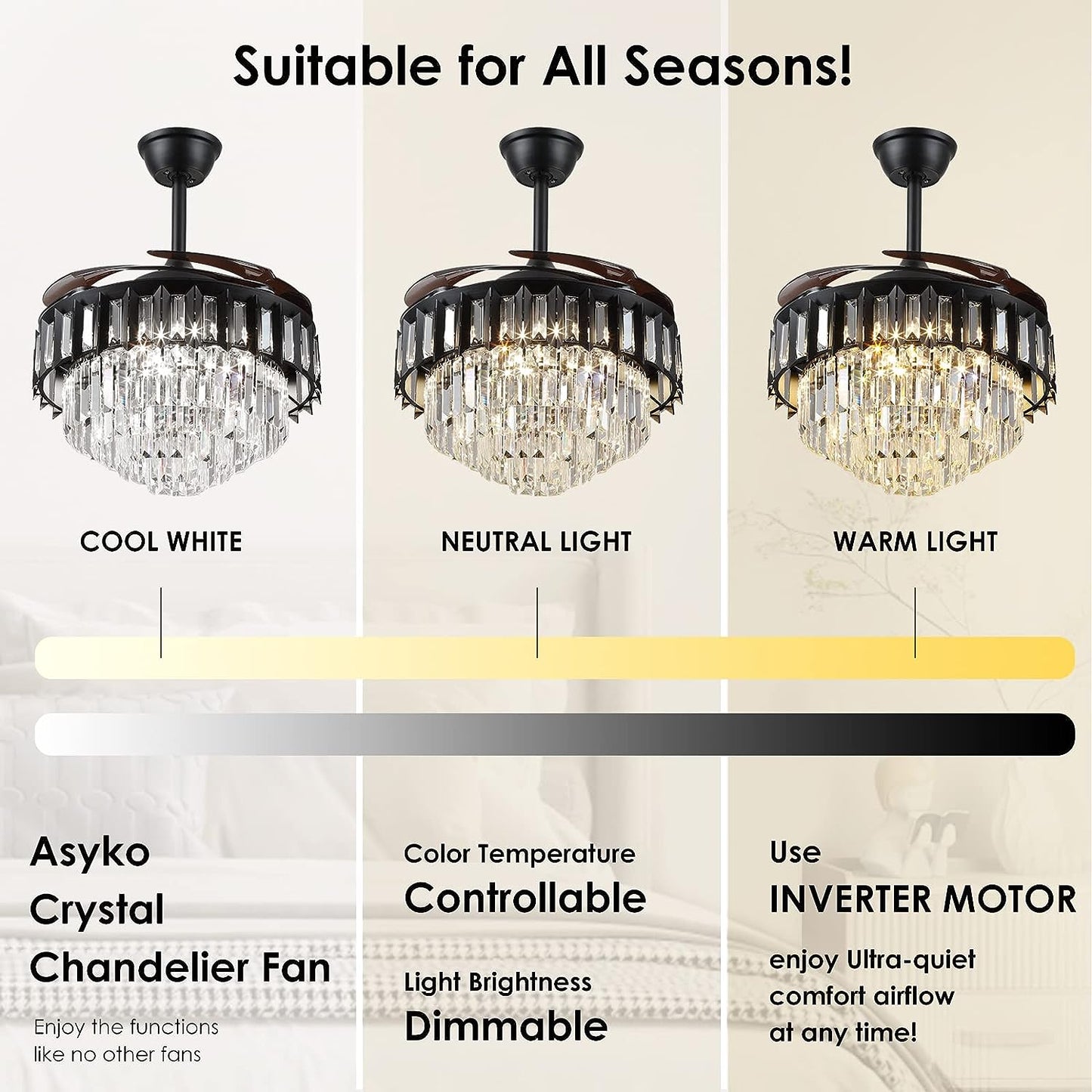 Crystal Retractable Chandelier Ceiling Fan, Retractable Ceiling Fans with Lights Remote, Dimmable with Memory Function,Crystal Fandelier Ceiling Fans for Living Room, Bedroom, Dining Room (42")