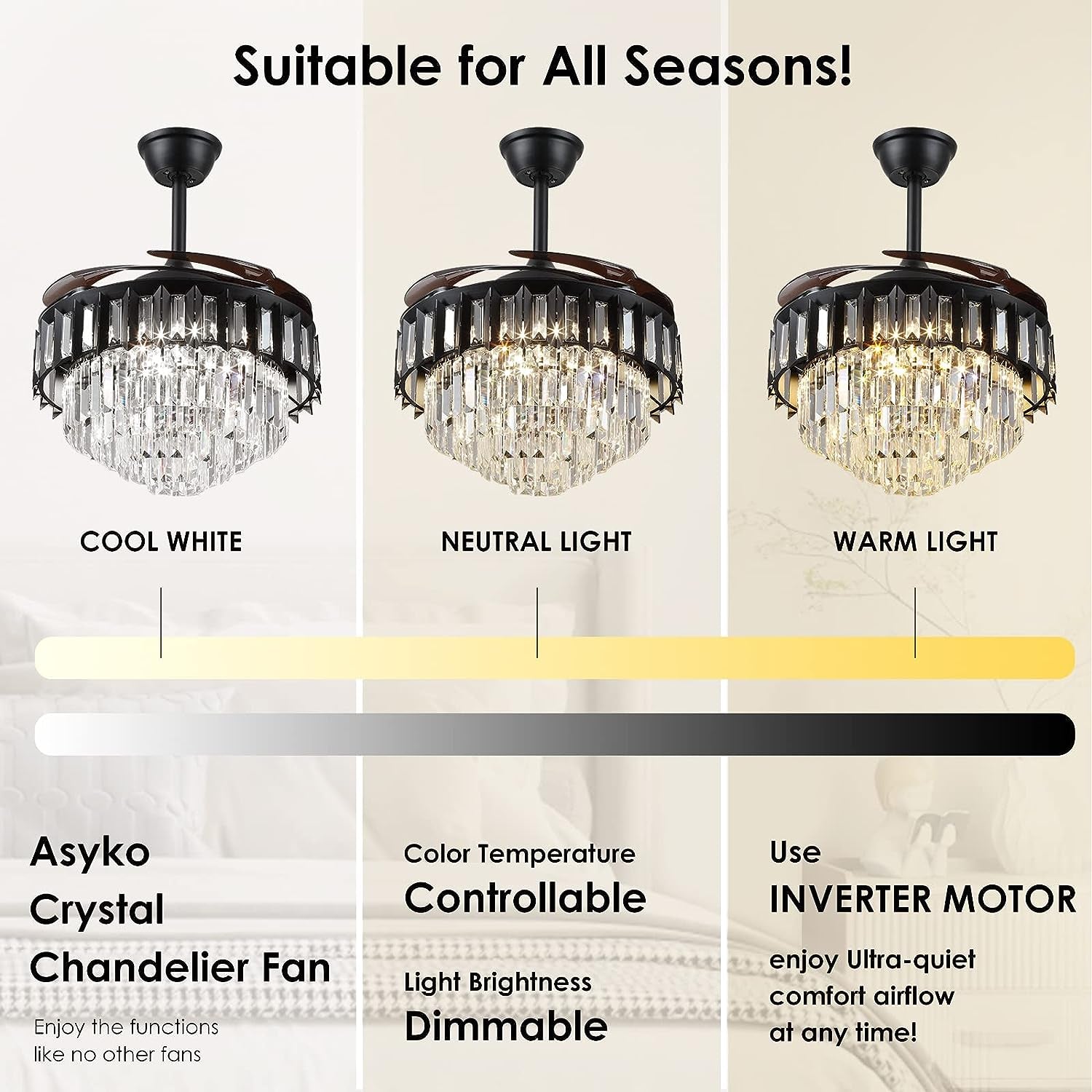 Crystal Retractable Chandelier Ceiling Fan, Retractable Ceiling Fans with Lights Remote, Dimmable with Memory Function,Crystal Fandelier Ceiling Fans for Living Room, Bedroom, Dining Room (42")