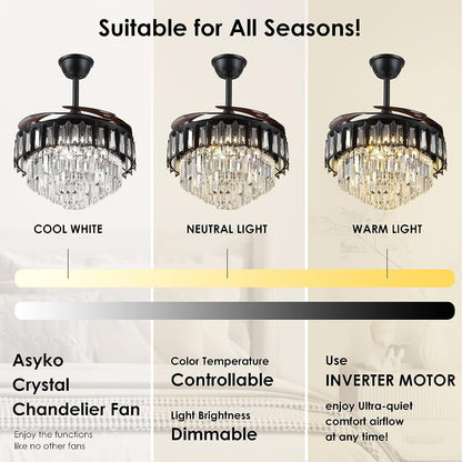 Crystal Retractable Chandelier Ceiling Fan, Retractable Ceiling Fans with Lights Remote, Dimmable with Memory Function,Crystal Fandelier Ceiling Fans for Living Room, Bedroom, Dining Room (42")