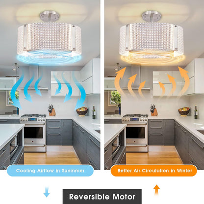 Ceiling Fans with Lights, Crystal Modern Flush Mount Ceiling Fan with Remote Control, Dimmable LED 6 Wind Speeds Low Profile Caged Ceiling Fan with Light for Bedroom Living Room