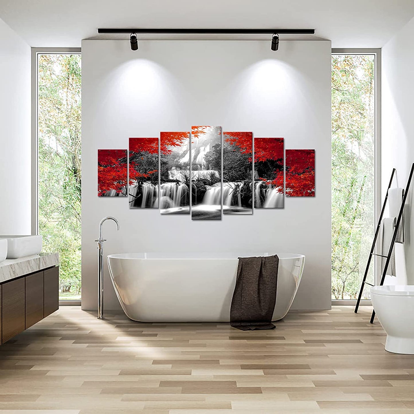 Xlarge 7 Pieces Black and Red Waterfall Canvas Wall Art Nature Forest Picture Prints Framed and Stretched Painting for Modern Living Room Office Decorations 70X32 Inch