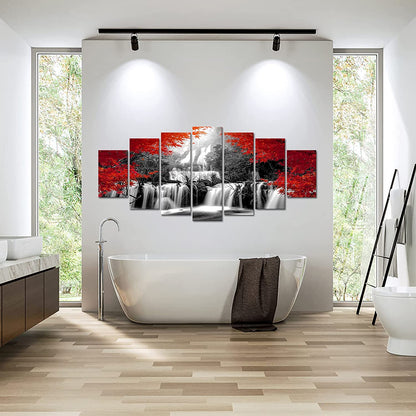 Xlarge 7 Pieces Black and Red Waterfall Canvas Wall Art Nature Forest Picture Prints Framed and Stretched Painting for Modern Living Room Office Decorations 70X32 Inch