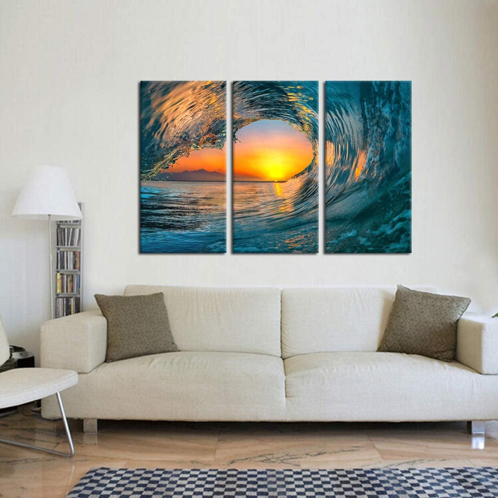 Large 3 Pieces Canvas Prints Wall Art Sunset Sea Water Ocean Wave Pictures Paintings Modern Stretched and Framed Seascape Giclee Artwork Ready to Hang for Living Room Home Decorations
