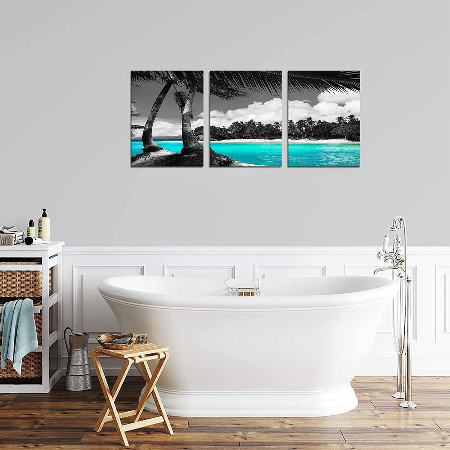3 Panels Teal Canvas Wall Art Black and White Hawaii Beach Pictures Tropical Palm Tree Artwork Giclee Prints for Bathroom Office Wall Decoration Framed Ready to Hang Each Piece 12"X16"
