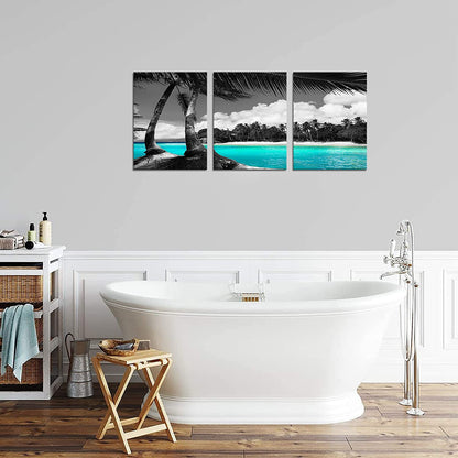 3 Panels Teal Canvas Wall Art Black and White Hawaii Beach Pictures Tropical Palm Tree Artwork Giclee Prints for Bathroom Office Wall Decoration Framed Ready to Hang Each Piece 12"X16"