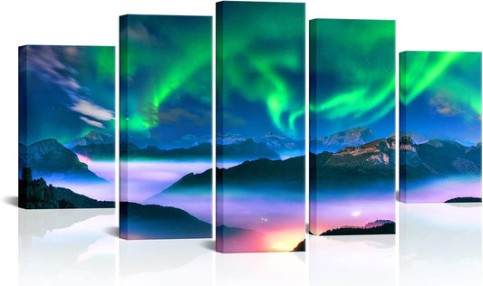 5 Piece Aurora Borealis Canvas Wall Art Northern Lights Picture Painting Giclee Print for Living Room Snowy Mountains Landscape Poster Framed Prints Art Ready to Hang (Large)