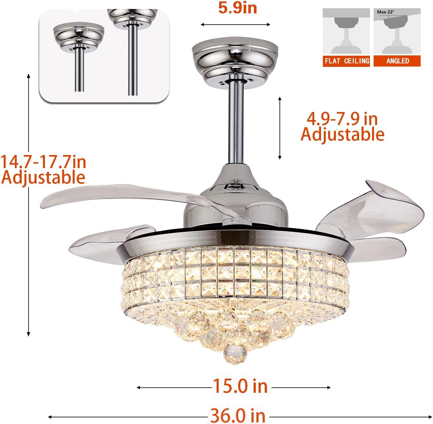 36" Crystal Ceiling Fan with Lights, Fandelier, Retractable Invisible Modern Ceiling Fan Chandelier with Remote Control for Bedroom Living Room Polished Modern Chrome Silver 6 Speed 3 Colors