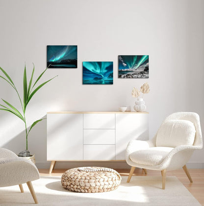 3 Pieces Green Blue Aurora Wall Art Northern Light Canvas Prints on Picture Aurora Borealis Nature Starry Scenery Landscape Painting Modern Wall Decor for Home Bathroom Bedroom Ready to Hang