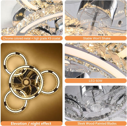 Chandelier Ceiling Fan with Lights，27.6" Flush Mount Celing Fan with 6-Speed LED Dimmable Crystal Ceiling Fan Invisible for Bedroom Living Room