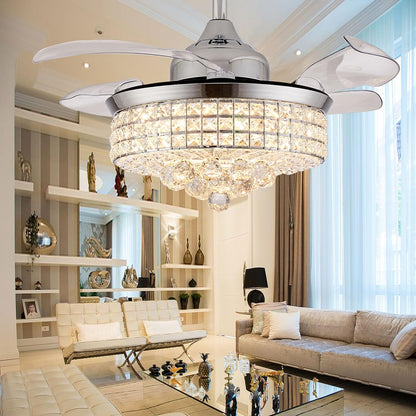 36" Crystal Ceiling Fan with Lights, Fandelier, Retractable Invisible Modern Ceiling Fan Chandelier with Remote Control for Bedroom Living Room Polished Modern Chrome Silver 6 Speed 3 Colors