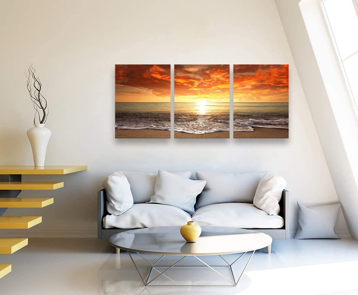 S0134 Canvas Prints Wall Art Sunset Ocean Beach Pictures Photo Paintings for Kids Roomliving Room Bedroom Home Decorations Stretched and Framed Seascape Waves Landscape Giclee Artwork