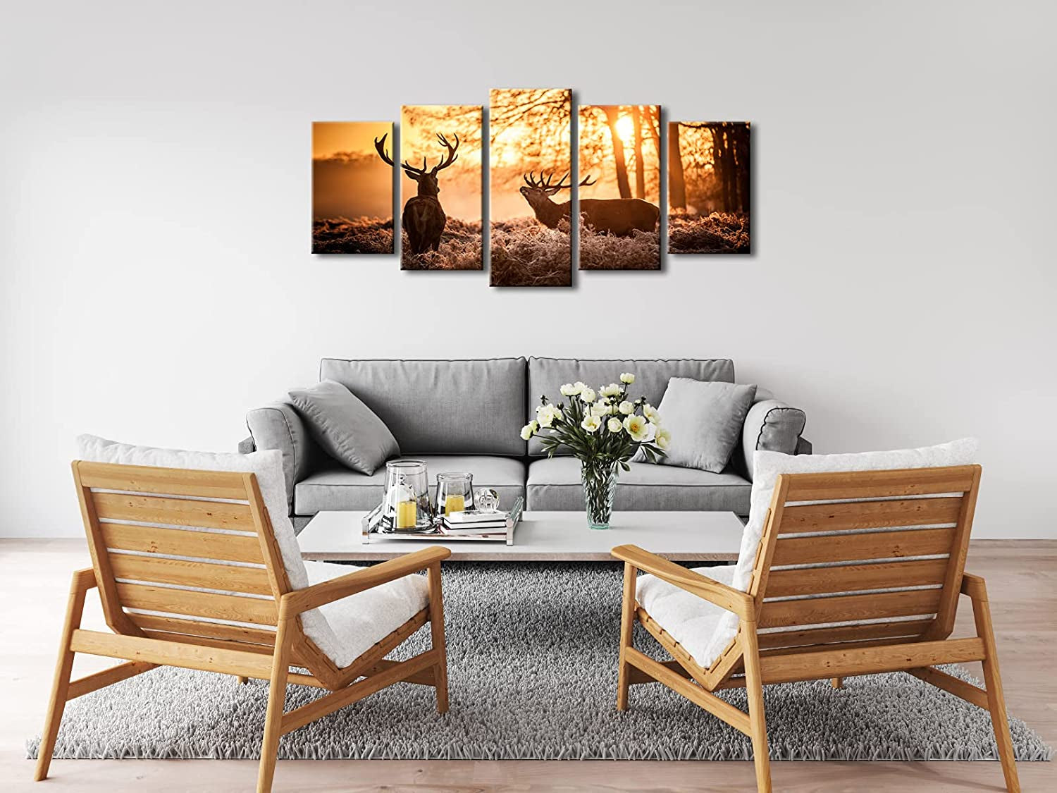 Brown Canvas Prints Wall Art Deer Elks in Autumn Sunset Forest Pictures Paintings for Living Room Bedroom Kitchen Home Decorations 5 Piece Modern Giclee Animal Scenery Landscape Artwork