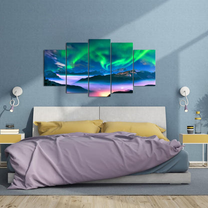 5 Piece Aurora Borealis Canvas Wall Art Northern Lights Picture Painting Giclee Print for Living Room Snowy Mountains Landscape Poster Framed Prints Art Ready to Hang (Large)