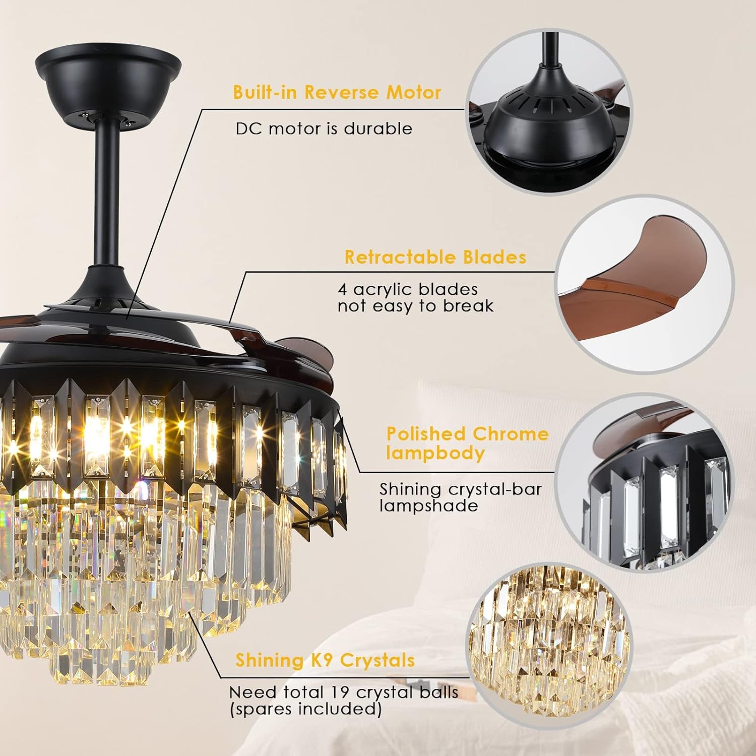 Crystal Retractable Chandelier Ceiling Fan, Retractable Ceiling Fans with Lights Remote, Dimmable with Memory Function,Crystal Fandelier Ceiling Fans for Living Room, Bedroom, Dining Room (42")