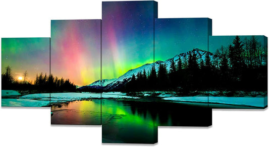 Aurora Borealis Canvas Wall Art Northern Lights Canvas Print Painting for Living Room Snowy-Mountains-Landscape Poster Picture Wooden Framed Prints Ready to Hang (60Wx32H, Aurora Borealis Decor17)