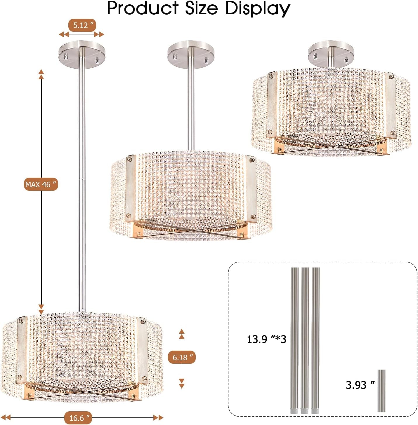 Ceiling Fans with Lights, Crystal Modern Flush Mount Ceiling Fan with Remote Control, Dimmable LED 6 Wind Speeds Low Profile Caged Ceiling Fan with Light for Bedroom Living Room