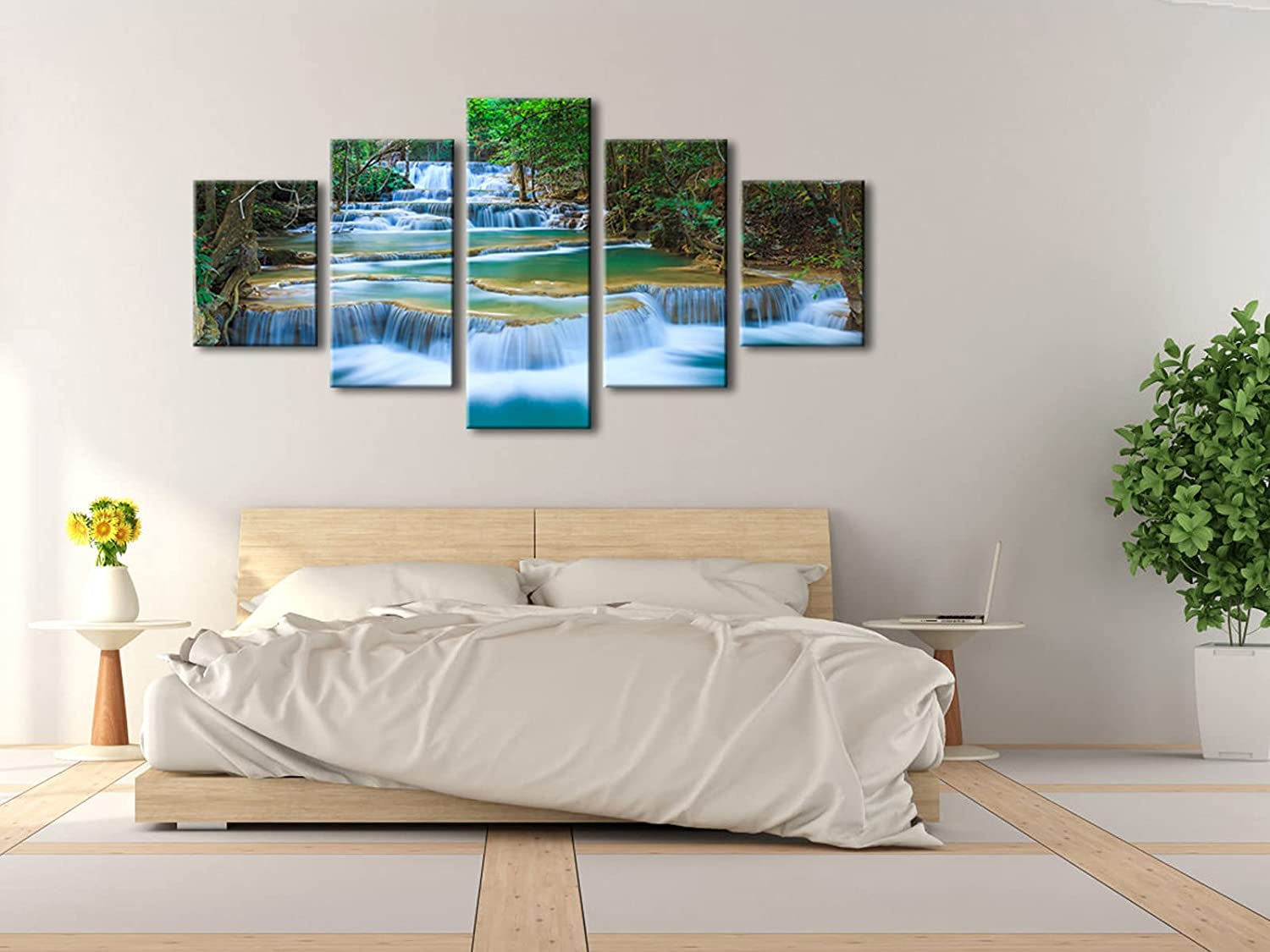 Peaceful Waterfall 5 Panels Large Canvas Paintings Wall Art Modern Gallery Wrapped Landscape Forest Giclee Canvas Print Artwork Photo Pictures for Living Room Bedroom Home Decorations L
