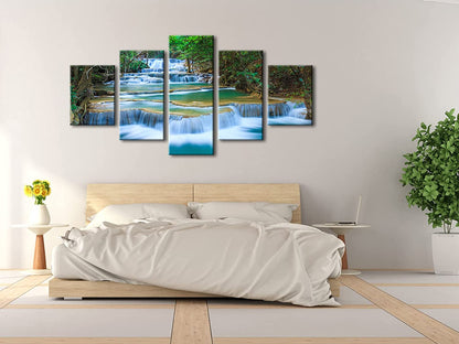 Peaceful Waterfall 5 Panels Large Canvas Paintings Wall Art Modern Gallery Wrapped Landscape Forest Giclee Canvas Print Artwork Photo Pictures for Living Room Bedroom Home Decorations L