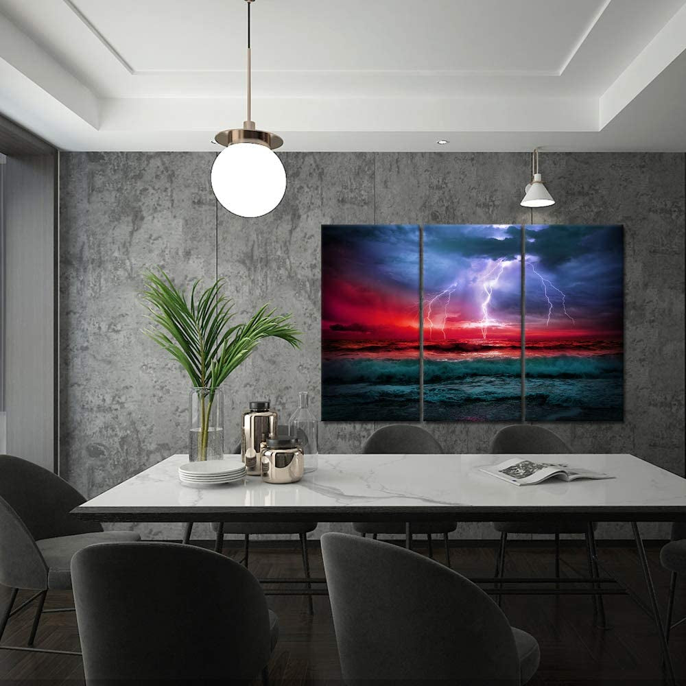 3 Piece Storm Sea Canvas Print Wall Art Ocean Wave Pictures Nature Lightning Paiting Prints Seascape Home Decor Stretched for Home Living Room Office Wall Decoration 16"X32"X3Pcs