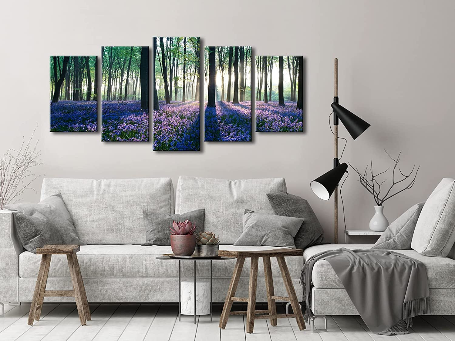Early Morning Lavender Canvas Prints Wall Art Purple Floral Pictures Paintings for Bedroom Kitchen Bathroom Home Decor Modern 5 Panels Stretched and Framed Flowers Landscape Giclee Artwork