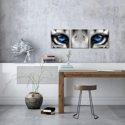 3 Pieces Tiger Pictures Wall Decor Wild Animal with Blue Eyes Canvas Art Picture Black and White Tiger Artwork Print for Bedroom Bathroom Framed 12X12Inchx3Pcs