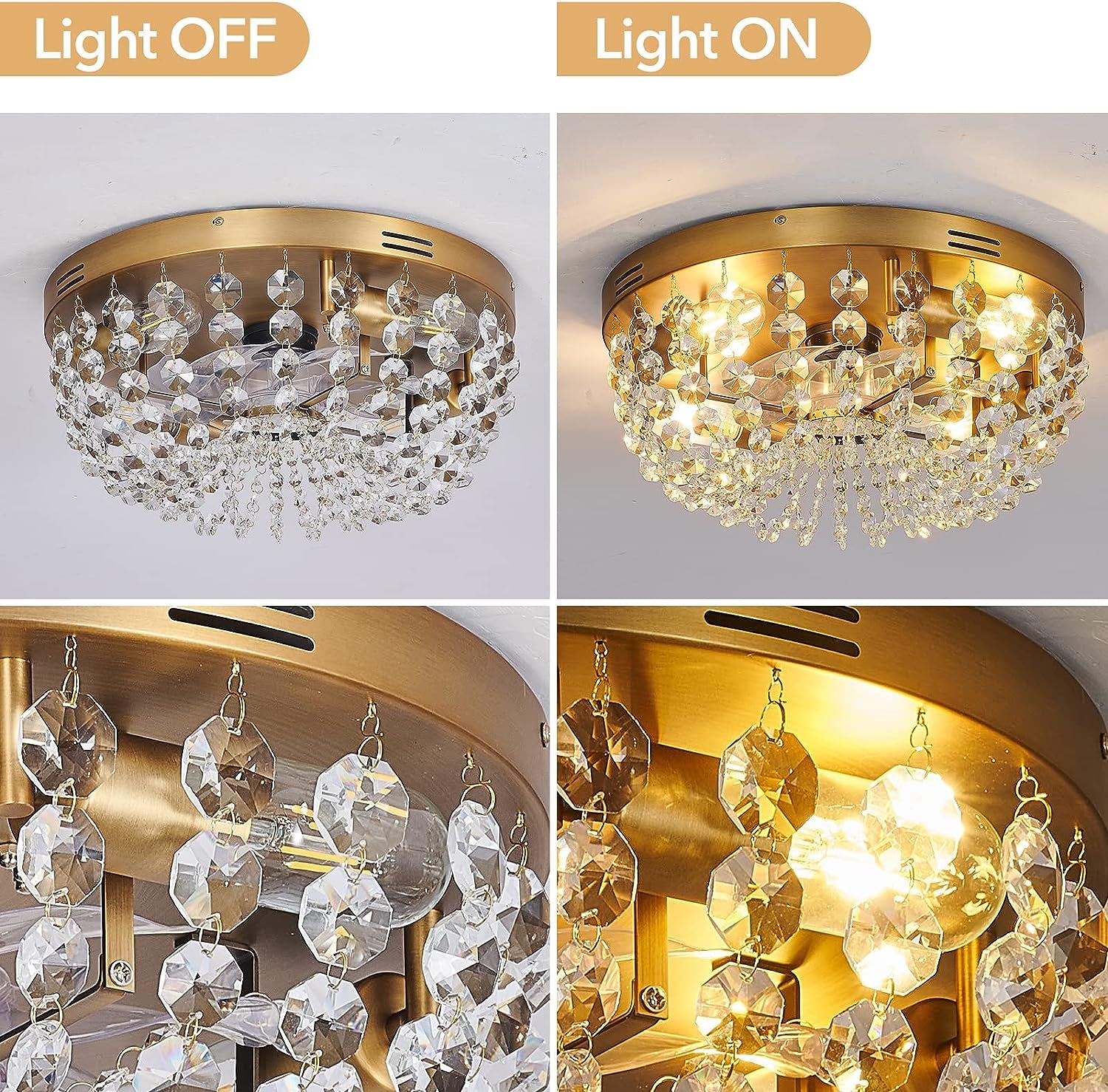 Ceiling Fan with Light Flush Mount Modern, Small Low Profile Boho Ceiling Fan with Light Remote Control, Crystal Caged Ceiling Fan with Smart Lighting /6 Speed/Timing for Bedroom Living Room（Gold）