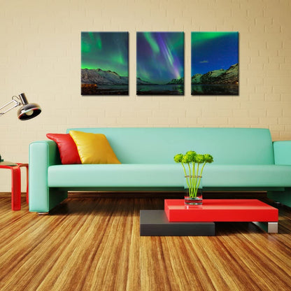 - Green Modern Aurora Borealis Iceland Landscape Northern Light Canvas Prints Picture Painting Framed Ready to Hang 12X16Inchx3Pcs