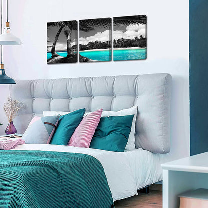 3 Panels Teal Canvas Wall Art Black and White Hawaii Beach Pictures Tropical Palm Tree Artwork Giclee Prints for Bathroom Office Wall Decoration Framed Ready to Hang Each Piece 12"X16"