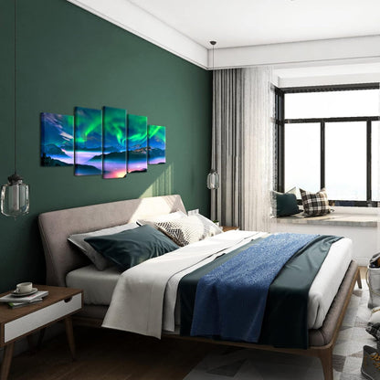 5 Piece Aurora Borealis Canvas Wall Art Northern Lights Picture Painting Giclee Print for Living Room Snowy Mountains Landscape Poster Framed Prints Art Ready to Hang (Large)