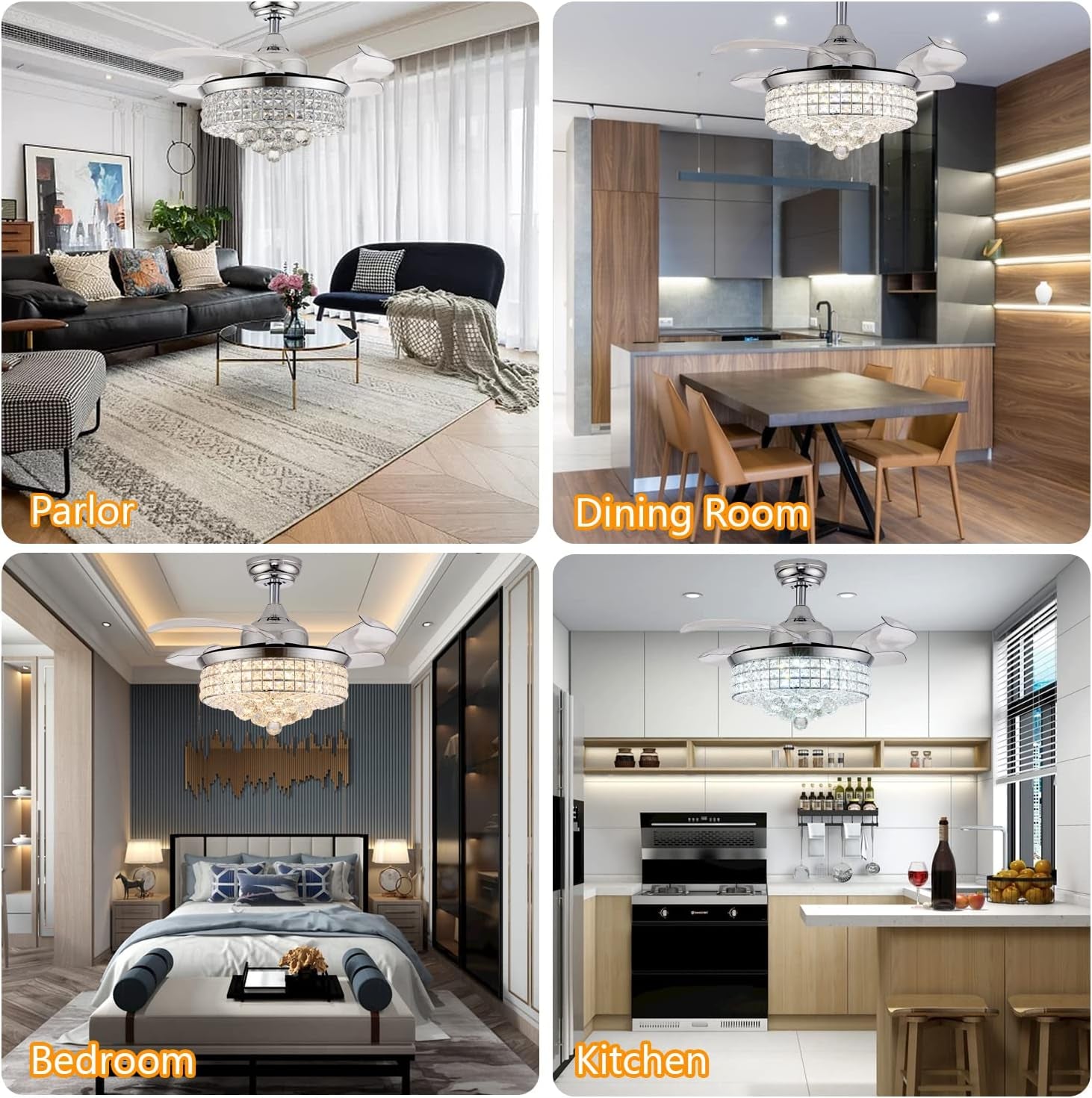 36" Crystal Ceiling Fan with Lights, Fandelier, Retractable Invisible Modern Ceiling Fan Chandelier with Remote Control for Bedroom Living Room Polished Modern Chrome Silver 6 Speed 3 Colors