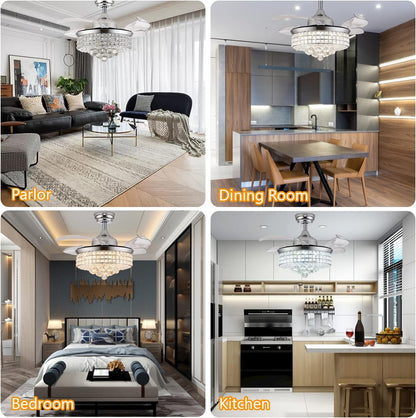 36" Crystal Ceiling Fan with Lights, Fandelier, Retractable Invisible Modern Ceiling Fan Chandelier with Remote Control for Bedroom Living Room Polished Modern Chrome Silver 6 Speed 3 Colors