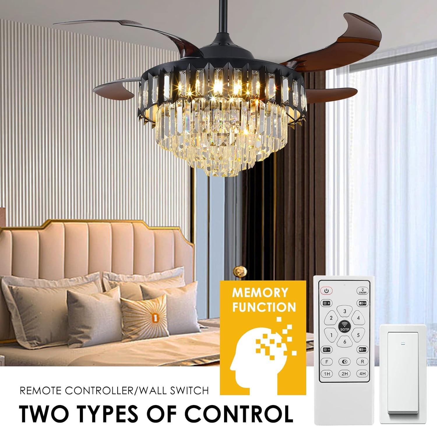 Crystal Retractable Chandelier Ceiling Fan, Retractable Ceiling Fans with Lights Remote, Dimmable with Memory Function,Crystal Fandelier Ceiling Fans for Living Room, Bedroom, Dining Room (42")