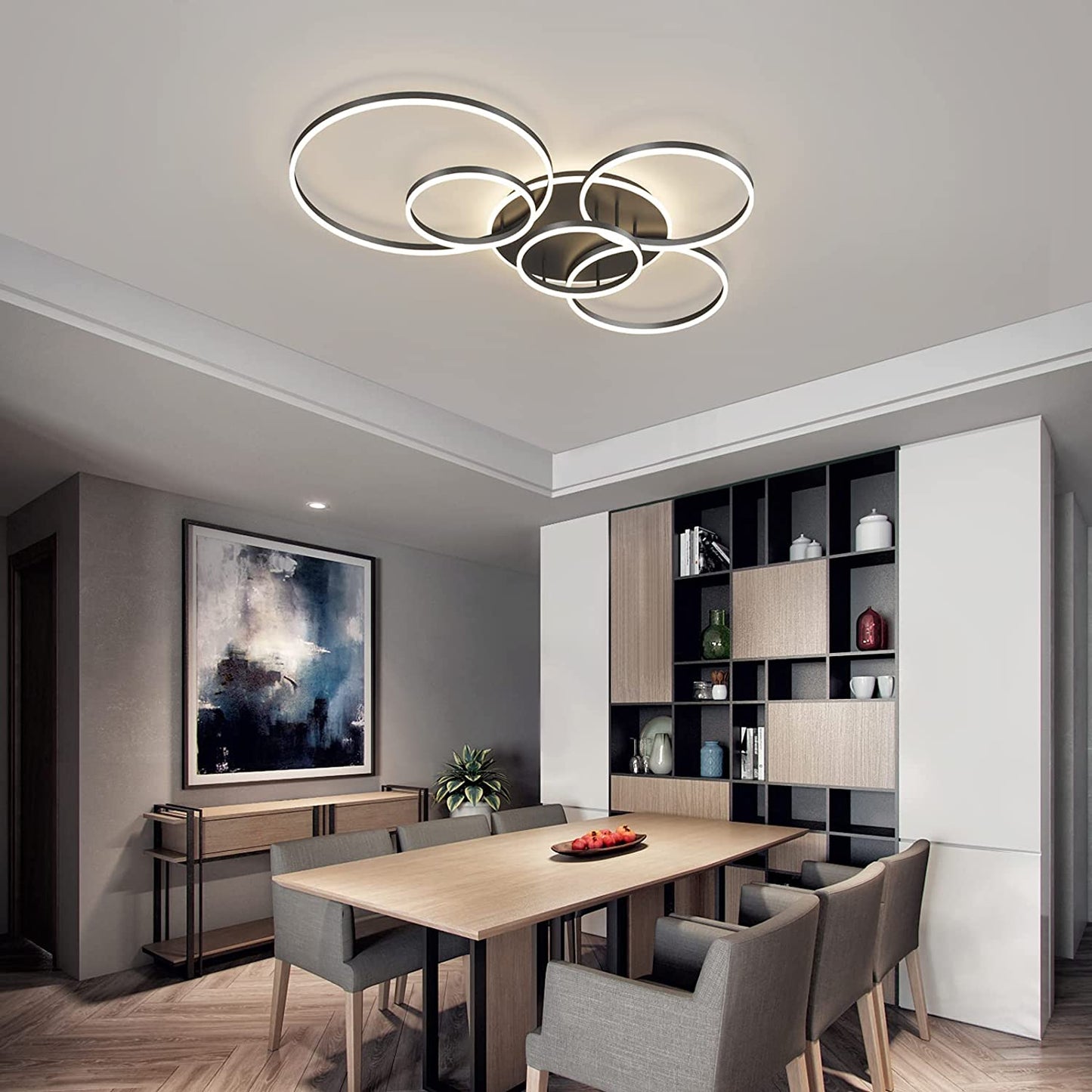 Modern LED Ceiling Light 106W Dimmable Acrylic Ceiling Lamp with Remote Control 6 Rings Circle Living Room Light Fixtures Ceiling Black Ceiling Chandelier Lighting for Bedroom Dining Room (5+1B01)