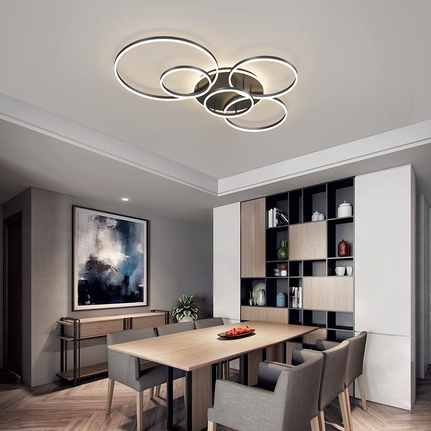 Modern LED Ceiling Light 106W Dimmable Acrylic Ceiling Lamp with Remote Control 6 Rings Circle Living Room Light Fixtures Ceiling Black Ceiling Chandelier Lighting for Bedroom Dining Room (5+1B01)