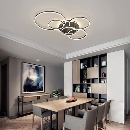 Modern LED Ceiling Light 106W Dimmable Acrylic Ceiling Lamp with Remote Control 6 Rings Circle Living Room Light Fixtures Ceiling Black Ceiling Chandelier Lighting for Bedroom Dining Room (5+1B01)