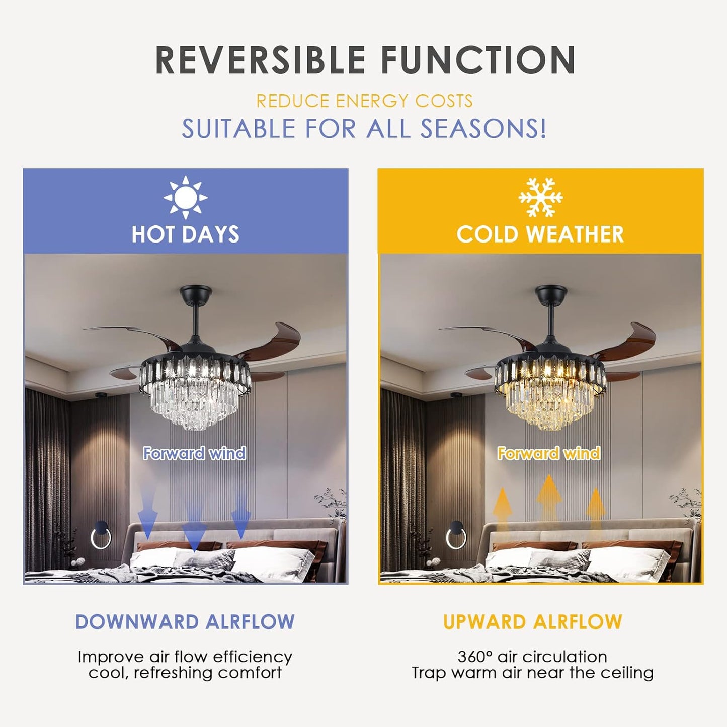 Crystal Retractable Chandelier Ceiling Fan, Retractable Ceiling Fans with Lights Remote, Dimmable with Memory Function,Crystal Fandelier Ceiling Fans for Living Room, Bedroom, Dining Room (42")