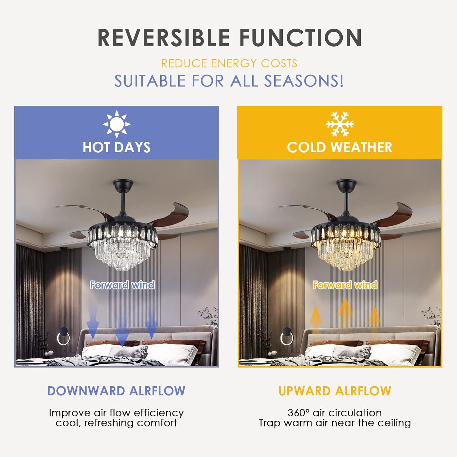 Crystal Retractable Chandelier Ceiling Fan, Retractable Ceiling Fans with Lights Remote, Dimmable with Memory Function,Crystal Fandelier Ceiling Fans for Living Room, Bedroom, Dining Room (42")