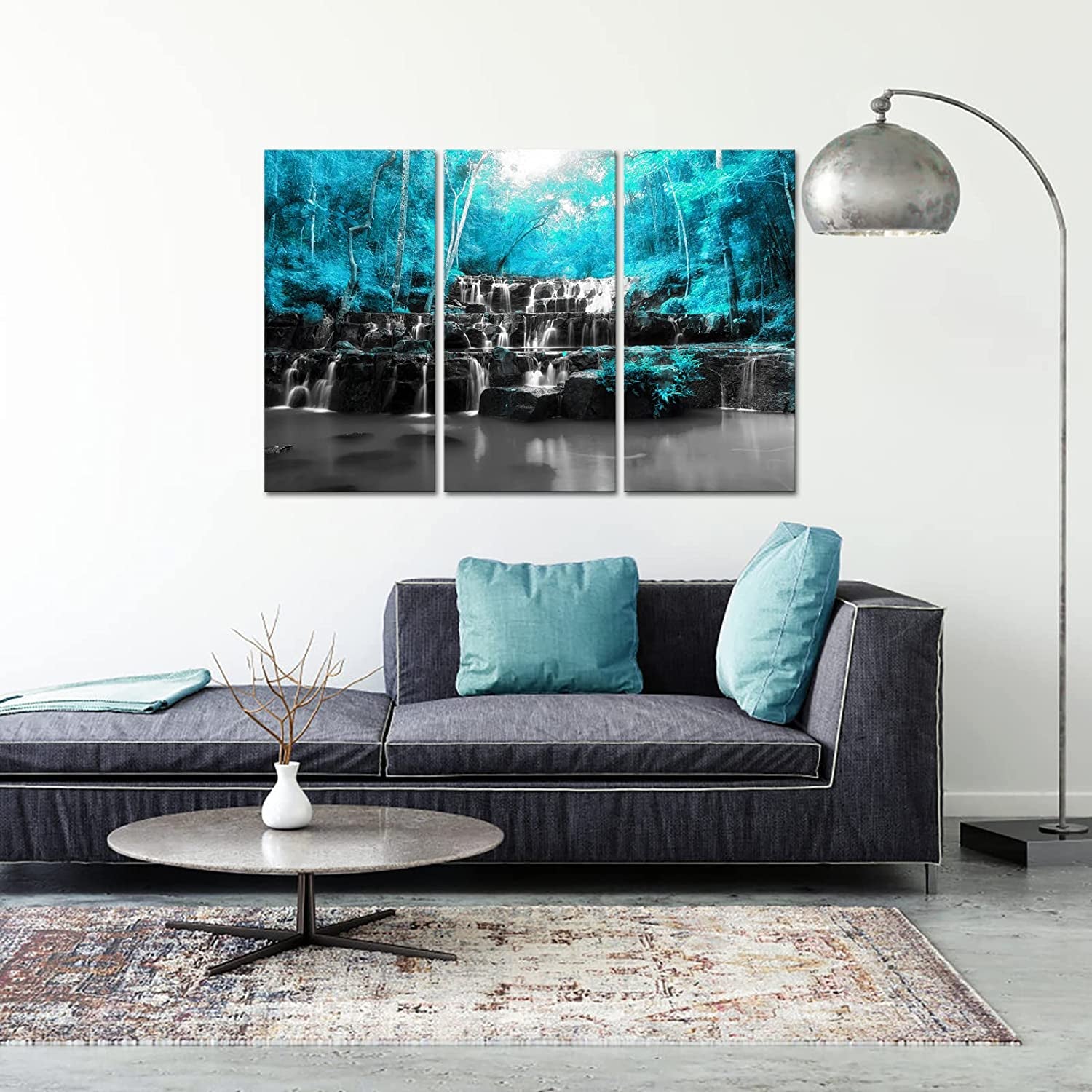 Large 3 Panel Landscape Black White Teal Blue Forest Waterfall Canvas Wall Art Tree Nature Picture Prints Gallery Wrapped Ready to Hang for Living Room Office Each Panel 16X32 Inches (Blue)